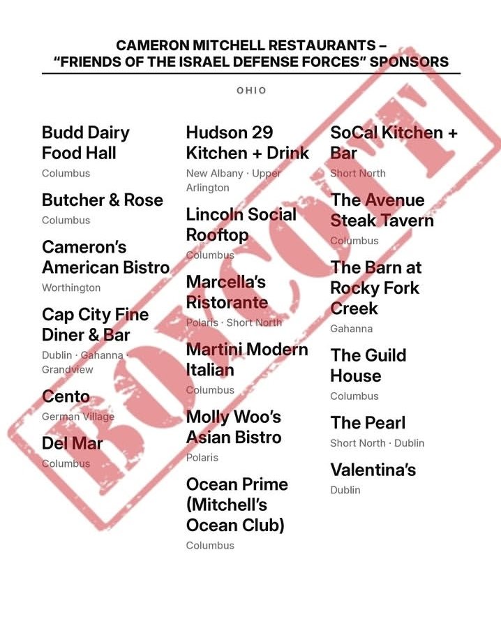 Download the boycott list. Graphic titled “Cameron Mitchell Restaurants – ‘Friends of the Israel Defense Forces’ Sponsors,” Ohio, stamped BOYCOTT in red. It lists: Budd Dairy Food Hall, Columbus; Butcher & Rose, Columbus; Cameron’s American Bistro, Worthington; Cap City Fine Diner & Bar, Dublin, Gahanna and Grandview; Cento, German Village; Del Mar, Columbus; Hudson 29 Kitchen + Drink, New Albany and Upper Arlington; Lincoln Social Rooftop, Columbus; Marcella’s Ristorante, Polaris and Short North; Martini Modern Italian, Columbus; Molly Woo’s Asian Bistro, Polaris; Ocean Prime (Mitchell’s Ocean Club), Columbus; SoCal Kitchen + Bar, Short North; The Avenue Steak Tavern, Columbus; The Barn at Rocky Fork Creek, Gahanna; The Guild House, Columbus; The Pearl, Short North and Dublin; Valentina’s, Dublin.